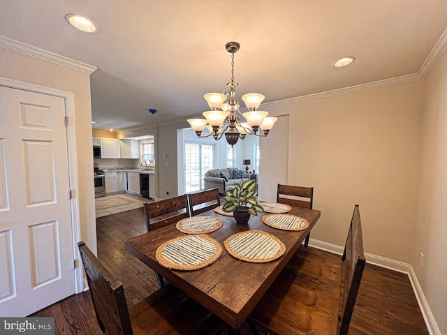 930 Chesaco Ave, Baltimore, MD 21237 - dining room with wood finished floors, a chandelier, crown molding, baseboards, and recessed lighting