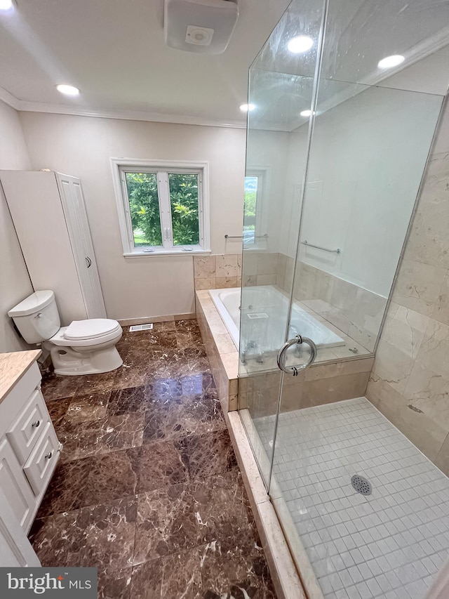 930 Chesaco Ave, Baltimore, MD 21237 - bathroom with toilet, vanity, healthy amount of natural light, crown molding, and marble finish floors