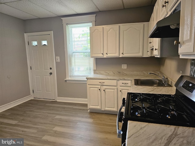 229 New Trent, Ewing, NJ 08638 - kitchen with stainless steel gas range oven, a sink, under cabinet range hood, a paneled ceiling, and white cabinetry