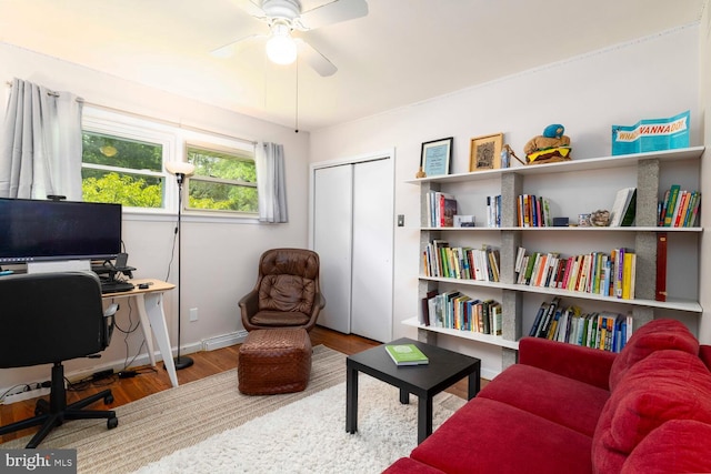 1030 Rock Creek Dr, Wyncote, PA 19095 - office area featuring wood finished floors, a ceiling fan, and baseboards