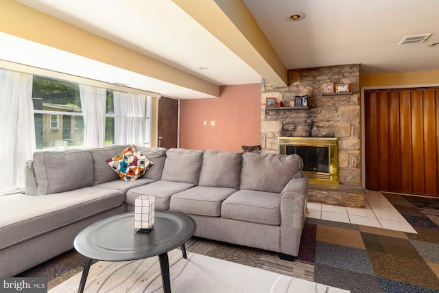 1030 Rock Creek Dr, Wyncote, PA 19095 - tiled living area featuring a stone fireplace