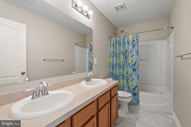 5059 Ottawa Park Pl, Waldorf, MD 20602 - bathroom featuring marble finish flooring, shower / bathtub combination with curtain, toilet, double vanity, and baseboards