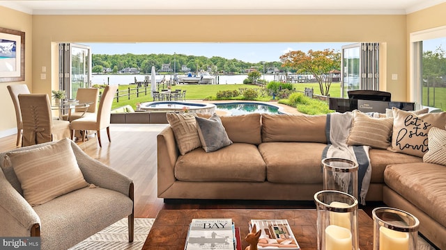 22 E Lake Dr, Annapolis, MD 21403 - living room with crown molding, wood finished floors, and a water view