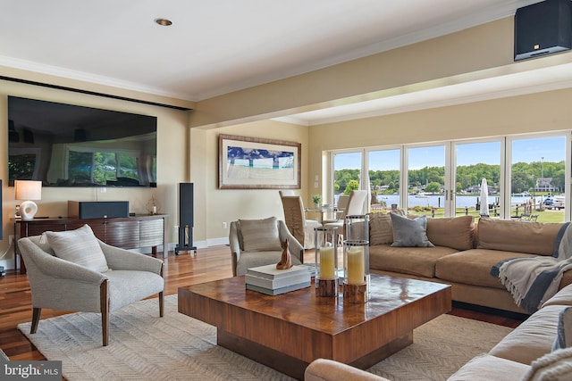 22 E Lake Dr, Annapolis, MD 21403 - living area featuring baseboards, ornamental molding, and light wood-type flooring