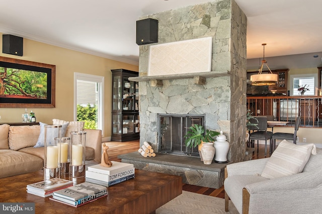 22 E Lake Dr, Annapolis, MD 21403 - living area with wood finished floors, a stone fireplace, and crown molding