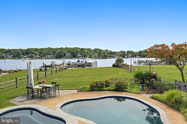 22 E Lake Dr, Annapolis, MD 21403 - view of pool with a water view, a dock, a patio, and boat lift