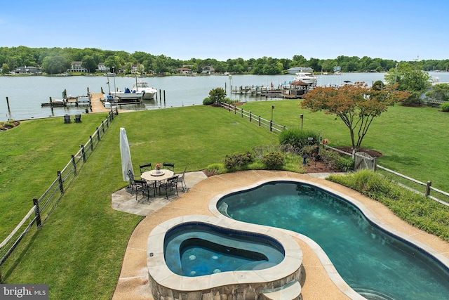 22 E Lake Dr, Annapolis, MD 21403 - view of pool with boat lift, a boat dock, an in-ground hot tub, a water view, and a patio