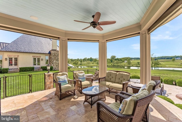 22701 Creighton Farms Dr, Leesburg, VA 20175 - view of patio / terrace featuring a water view, french doors, an outdoor living space, and a ceiling fan