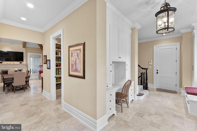 22701 Creighton Farms Dr, Leesburg, VA 20175 - corridor featuring crown molding, a chandelier, stairway, baseboards, and recessed lighting