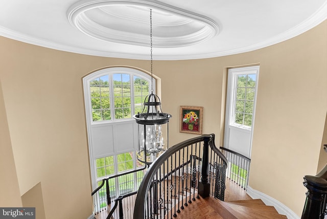 22701 Creighton Farms Dr, Leesburg, VA 20175 - stairway featuring a raised ceiling, crown molding, baseboards, and wood finished floors
