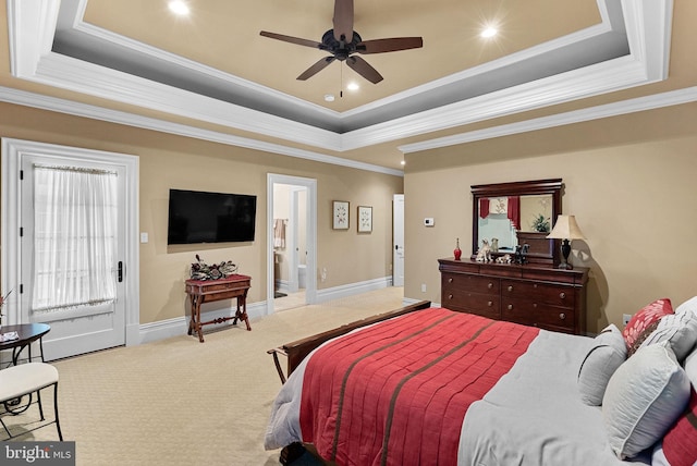 22701 Creighton Farms Dr, Leesburg, VA 20175 - bedroom featuring a tray ceiling, crown molding, carpet floors, recessed lighting, and baseboards