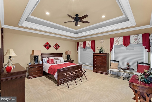 22701 Creighton Farms Dr, Leesburg, VA 20175 - bedroom featuring a raised ceiling, carpet, ornamental molding, ceiling fan, and recessed lighting