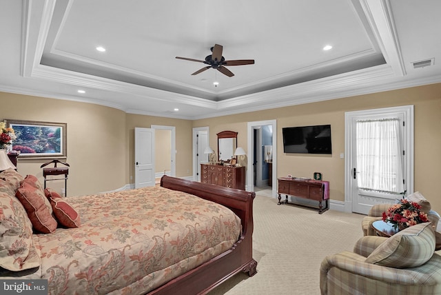 22701 Creighton Farms Dr, Leesburg, VA 20175 - bedroom featuring a tray ceiling, light carpet, recessed lighting, crown molding, and baseboards