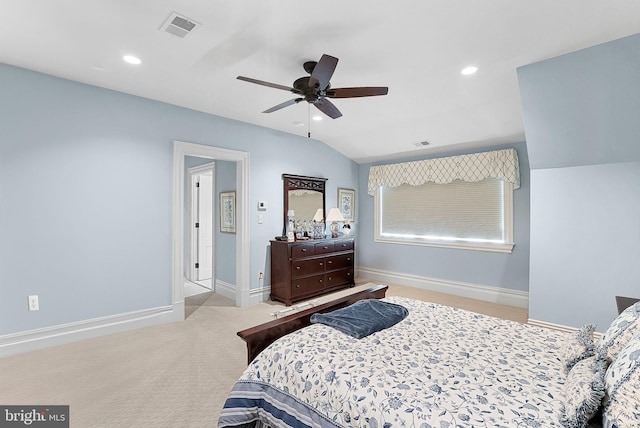 22701 Creighton Farms Dr, Leesburg, VA 20175 - carpeted bedroom with recessed lighting, baseboards, vaulted ceiling, and a ceiling fan