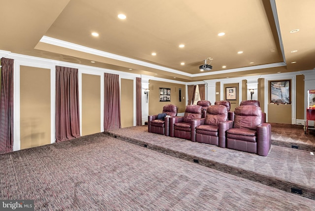 22701 Creighton Farms Dr, Leesburg, VA 20175 - carpeted home theater room featuring a tray ceiling, crown molding, and ornate columns