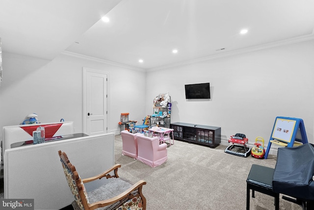22701 Creighton Farms Dr, Leesburg, VA 20175 - playroom featuring carpet floors, recessed lighting, ornamental molding, and baseboards