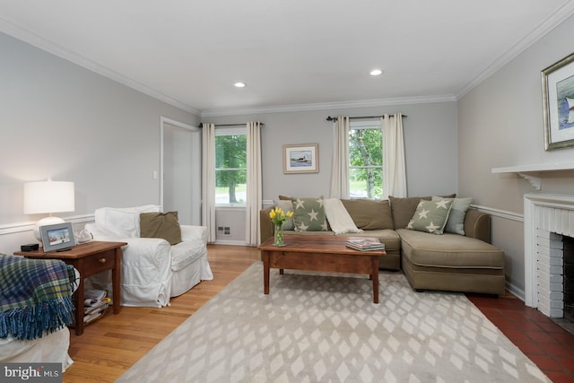 100 Weldon Way, Pennington, NJ 08534 - living area with healthy amount of natural light, a fireplace, ornamental molding, recessed lighting, and baseboards