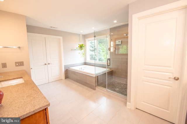 32 Eagleton Farm Rd, Newtown, PA 18940 - full bathroom featuring a shower stall, tile patterned flooring, a bath, vanity, and recessed lighting