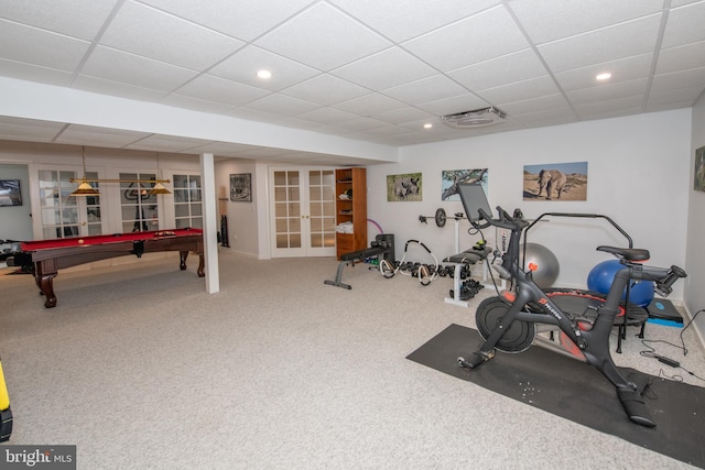 32 Eagleton Farm Rd, Newtown, PA 18940 - workout room featuring carpet, recessed lighting, billiards, french doors, and a paneled ceiling