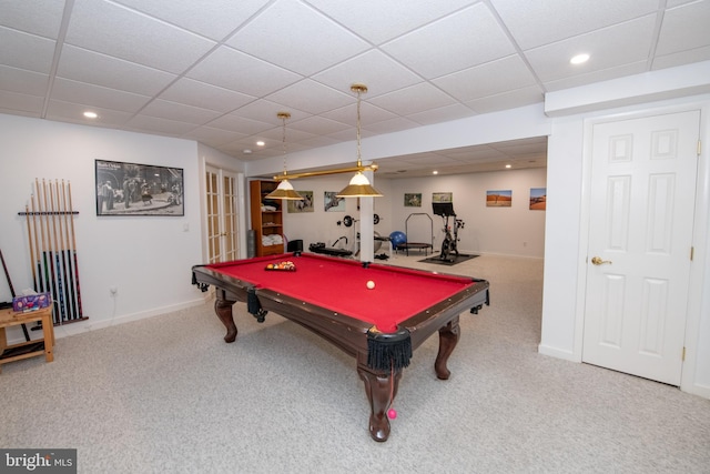 32 Eagleton Farm Rd, Newtown, PA 18940 - recreation room featuring carpet floors, pool table, a paneled ceiling, recessed lighting, and baseboards