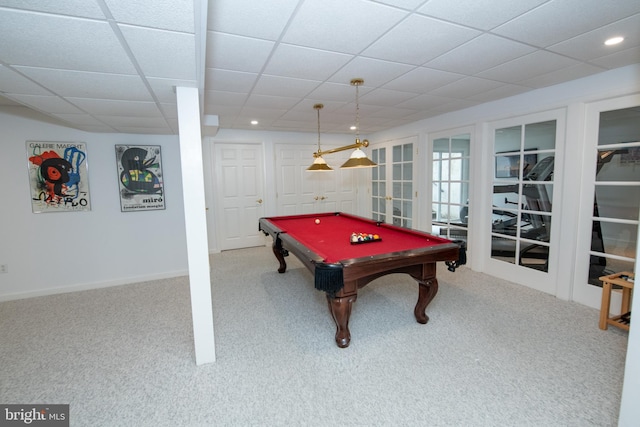 32 Eagleton Farm Rd, Newtown, PA 18940 - game room with french doors, carpet flooring, a paneled ceiling, billiards, and recessed lighting