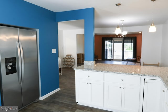 1000 Country Club Rd Unit 8, York, PA 17403 - kitchen featuring stainless steel fridge, dark wood-style floors, light stone countertops, white cabinets, and hanging light fixtures