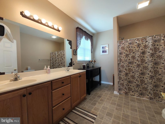 1513 Turtle Creek Ln, Quakertown, PA 18951 - bathroom featuring toilet, double vanity, curtained shower, and baseboards