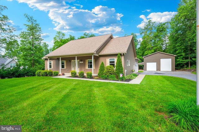 12762 Hessong Bridge Rd, Thurmont, MD 21788 - view of front of home with an outbuilding, a detached garage, a front lawn, and a porch
