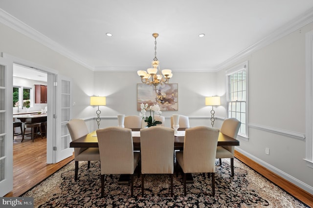 704 Turnbridge Rd, Wayne, PA 19087 - dining room featuring a chandelier, wood finished floors, crown molding, recessed lighting, and baseboards