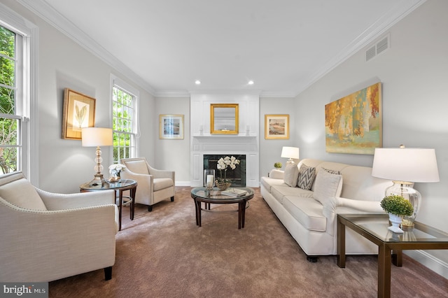 704 Turnbridge Rd, Wayne, PA 19087 - living area featuring crown molding, carpet, a fireplace, recessed lighting, and baseboards