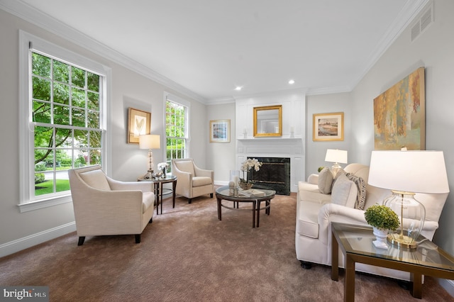 704 Turnbridge Rd, Wayne, PA 19087 - carpeted living area with ornamental molding, a premium fireplace, baseboards, and recessed lighting