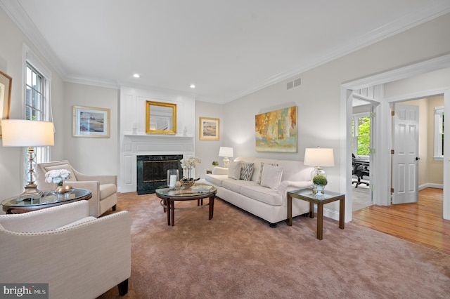 704 Turnbridge Rd, Wayne, PA 19087 - carpeted living room featuring healthy amount of natural light, crown molding, a high end fireplace, recessed lighting, and baseboards