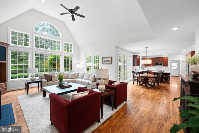 704 Turnbridge Rd, Wayne, PA 19087 - living area with ceiling fan, light wood finished floors, high vaulted ceiling, and recessed lighting