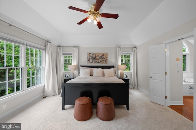 704 Turnbridge Rd, Wayne, PA 19087 - bedroom with baseboards, vaulted ceiling, a ceiling fan, and light carpet