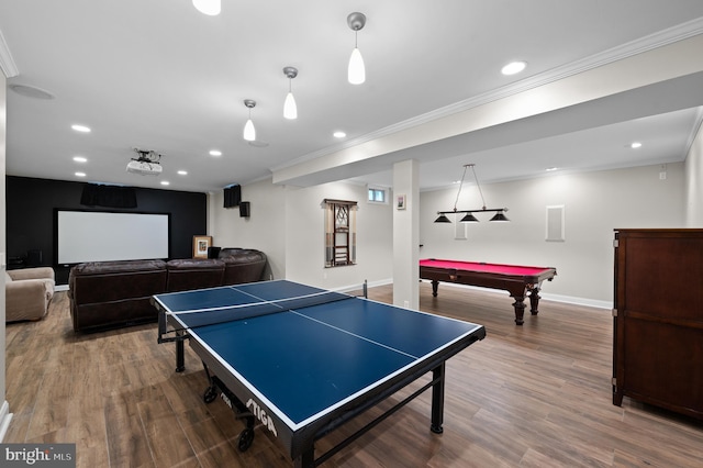 704 Turnbridge Rd, Wayne, PA 19087 - rec room with crown molding, recessed lighting, wood finished floors, baseboards, and billiards