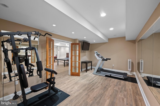 704 Turnbridge Rd, Wayne, PA 19087 - exercise area with french doors, light wood finished floors, baseboards, and recessed lighting
