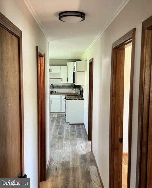 230 Eisenhower Dr, Orwigsburg, PA 17961 - hallway featuring dark wood-style flooring, a sink, and crown molding