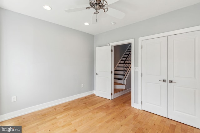 939 Sigel St, Philadelphia, PA 19148 - unfurnished bedroom featuring baseboards, recessed lighting, light wood-style flooring, a closet, and ceiling fan