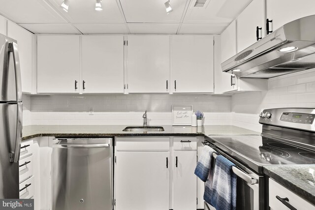 1801 Park Rd NW Unit 2, Washington, DC 20010 - kitchen featuring stainless steel appliances, under cabinet range hood, a sink, and white cabinets