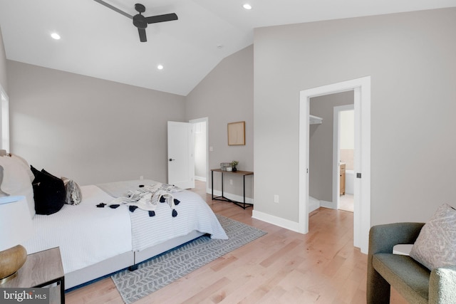 1427 Jackson St NE, Washington, DC 20017 - bedroom with light wood-type flooring, high vaulted ceiling, recessed lighting, baseboards, and ceiling fan