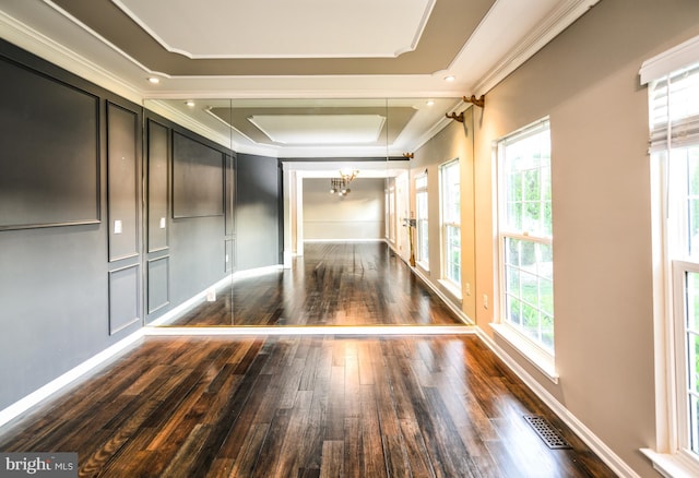 22 Thaxton Ct, Stafford, VA 22556 - corridor with hardwood / wood-style flooring, crown molding, a chandelier, a tray ceiling, and baseboards