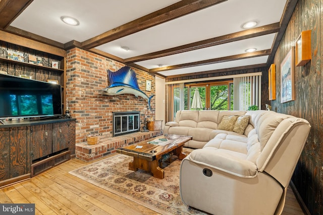 432 Browning Ln, Cherry Hill, NJ 08003 - living area featuring a brick fireplace, wood-type flooring, and beam ceiling