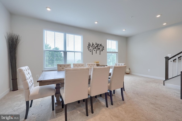 1032 Rosecroft Ln Unit 15, York, PA 17403 - dining area with light colored carpet, recessed lighting, baseboards, and stairs