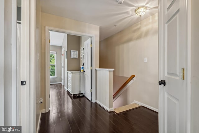 7140 Ladd Cir, Frederick, MD 21703 - hallway featuring an upstairs landing, baseboards, and dark wood finished floors
