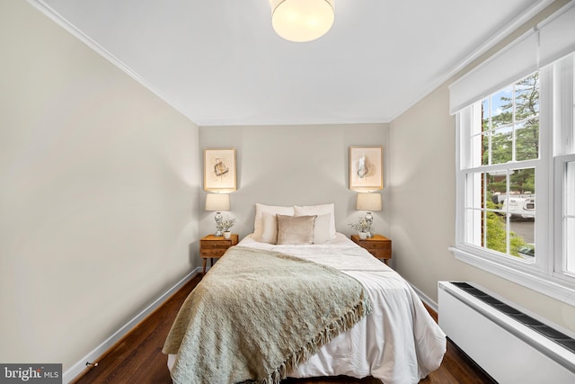 117 E Glebe Rd Unit C, Alexandria, VA 22305 - bedroom with crown molding, multiple windows, radiator, dark wood-style floors, and baseboards