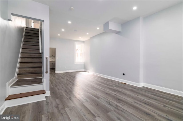 4605 N 13th St, Philadelphia, PA 19140 - below grade area featuring wood finished floors, stairs, baseboards, and recessed lighting