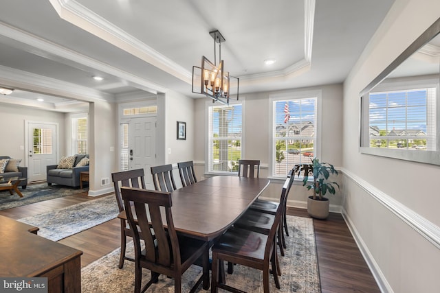9909 Kildore Way, Fort Washington, MD 20744 - dining area with a raised ceiling, dark wood finished floors, ornamental molding, a chandelier, and baseboards