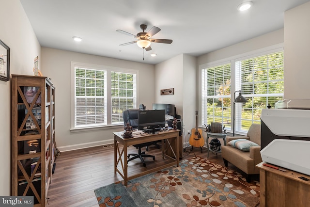 9909 Kildore Way, Fort Washington, MD 20744 - office featuring ceiling fan, healthy amount of natural light, wood finished floors, baseboards, and recessed lighting