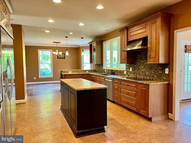 614 Wolfe Reserve Way, Harwood, MD 20776 - kitchen with wall chimney range hood, stainless steel appliances, a peninsula, decorative backsplash, and a chandelier