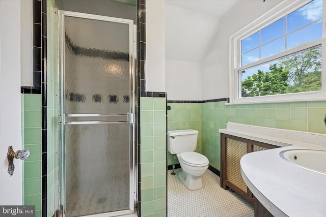 1100 Drexel Ave, Drexel Hill, PA 19026 - full bathroom with toilet, a stall shower, tile walls, tile patterned flooring, and lofted ceiling